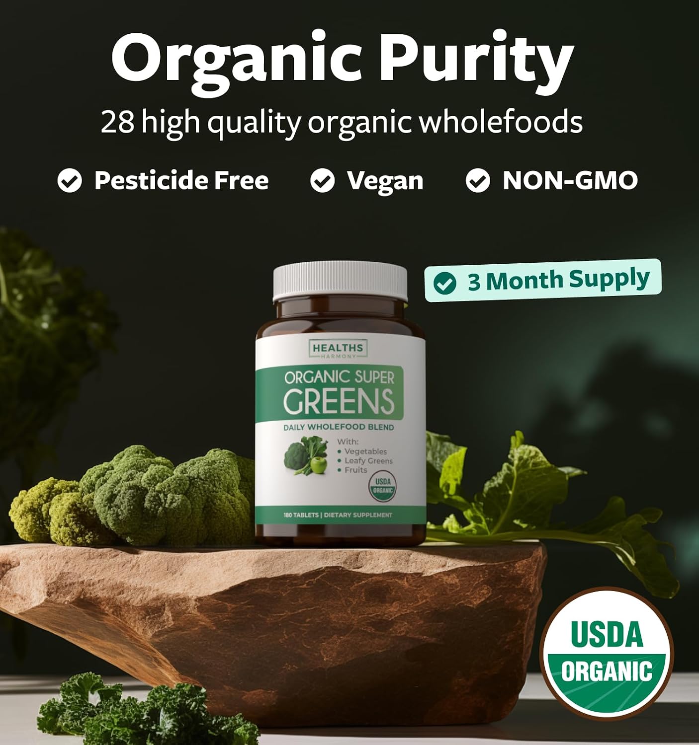 USDA Organic Super Greens - Suplemento de Superverduras Ecológicas con 28 Superalimentos