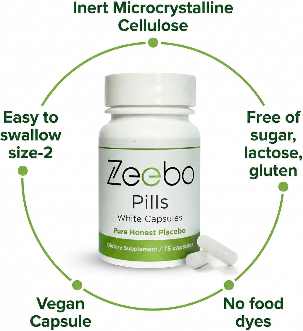 Zeebo - Cápsulas Placebo Blancas, Sin Logo, Inertes, Tamaño-2, 75 Cápsulas Veganas, Sin Lactosa, Sin Azúcar, Sin Colorantes Artificiales