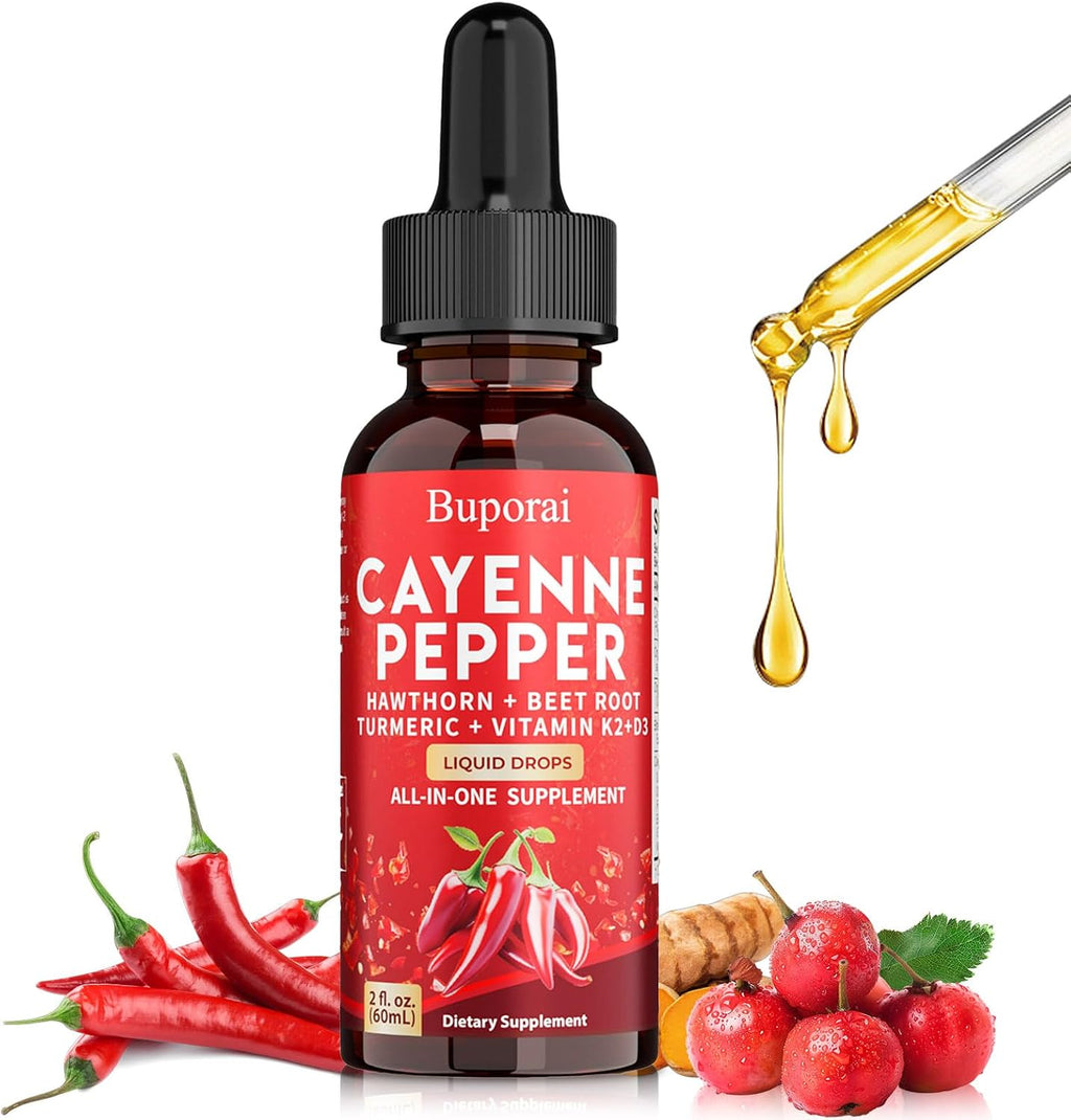Buporai Gotas de Cayena, Extracto Líquido de Cayena para el Bienestar General, 60 ml, con Vitamina D3 K2 y Remolacha