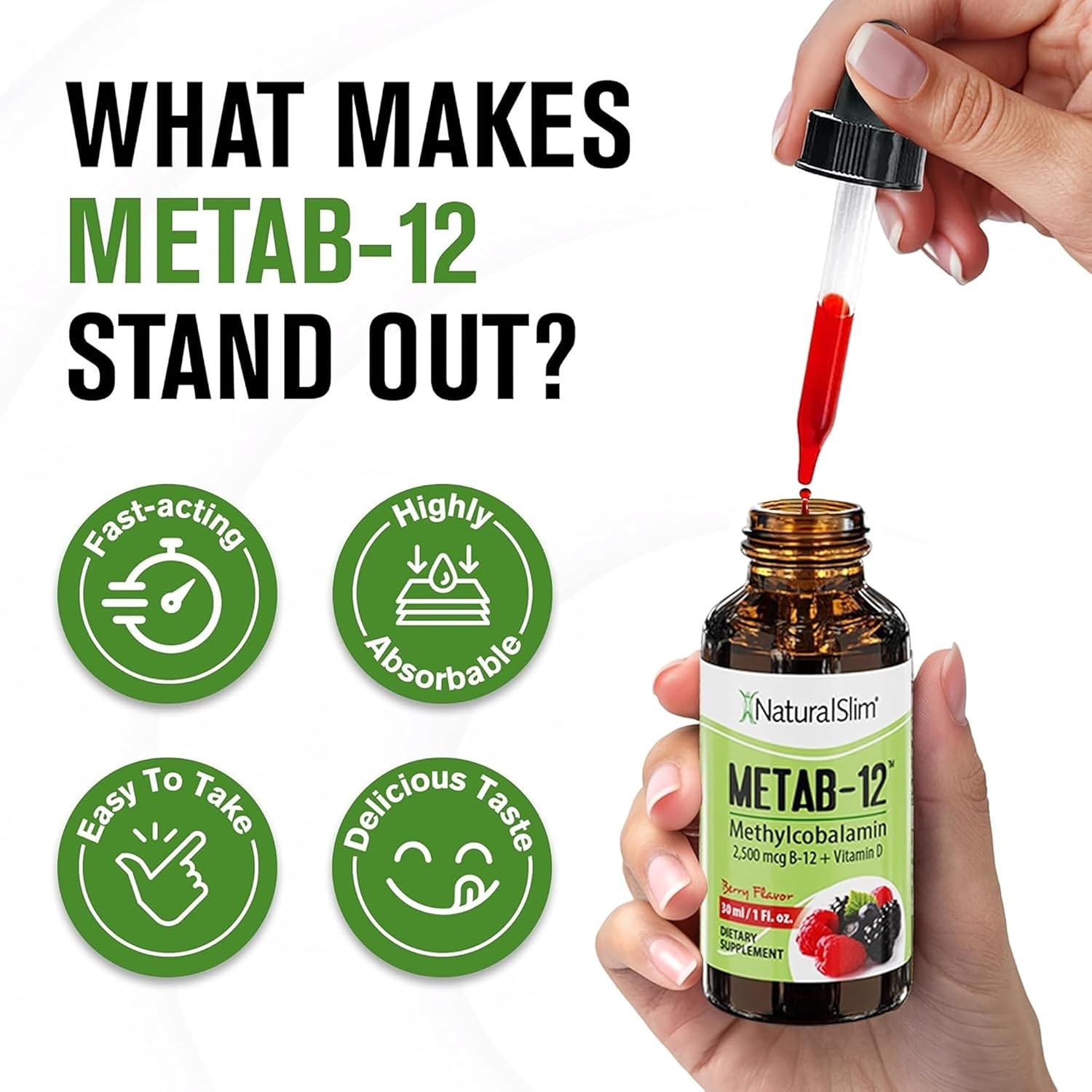 NaturalSlim Metab-12 Vitamina B12 Líquida con Vitamina D3 - Metilcobalamina 2500 mcg - Gotas Sublinguales Sabor Bayas 30 ml