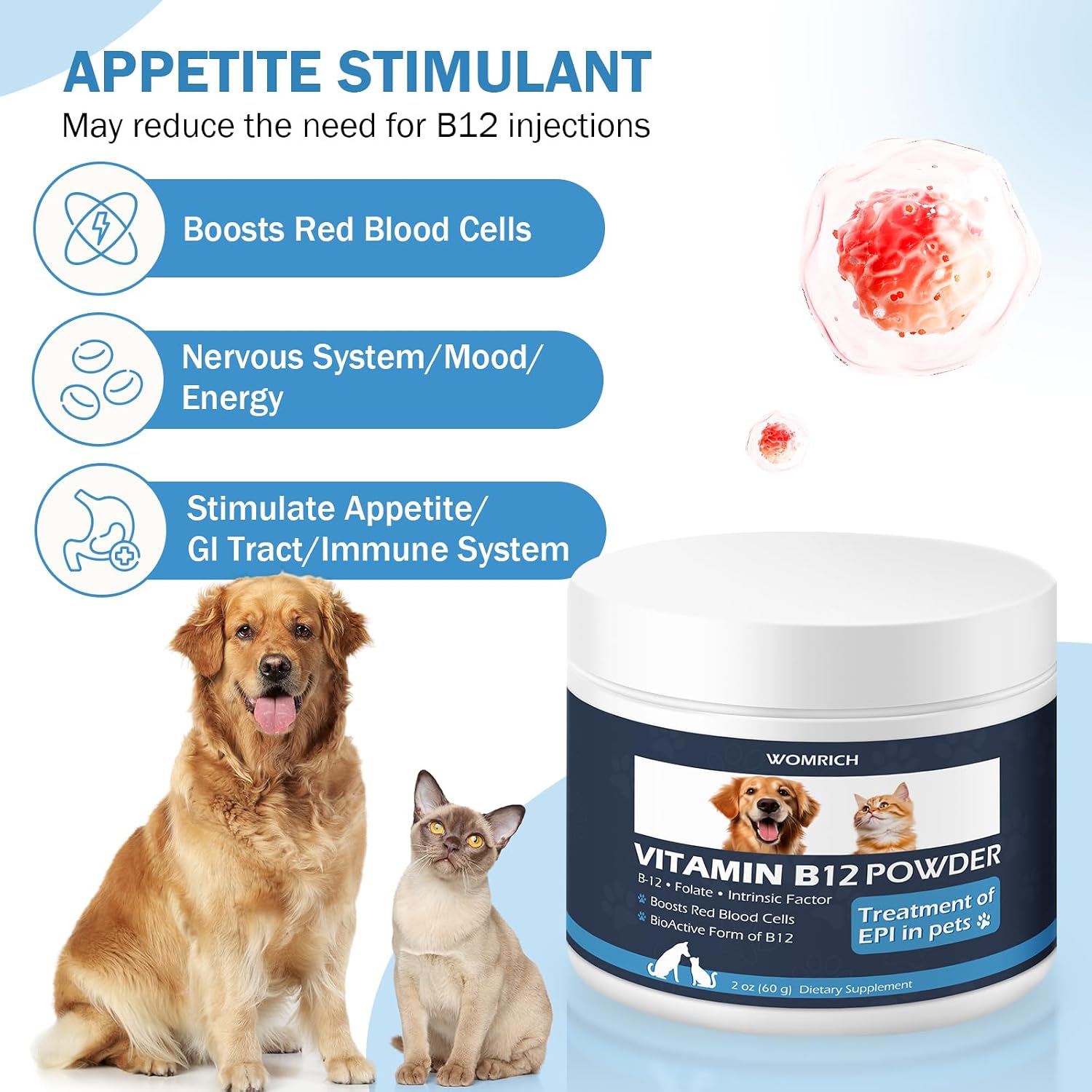 Methylcobalamin B12 en Polvo para Gatos y Perros con Folato y Factor Intrínseco