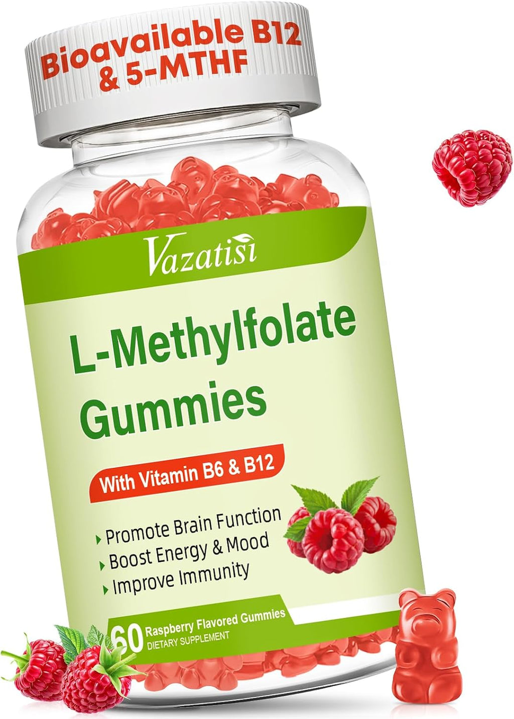 L-Metilfolato 15 mg Gominolas con Metil B12, Complemento de Folato para el Estado de Ánimo, Salud Cerebral y Apoyo Inmunológico, Sabor a Frambuesa, 60 Unidades