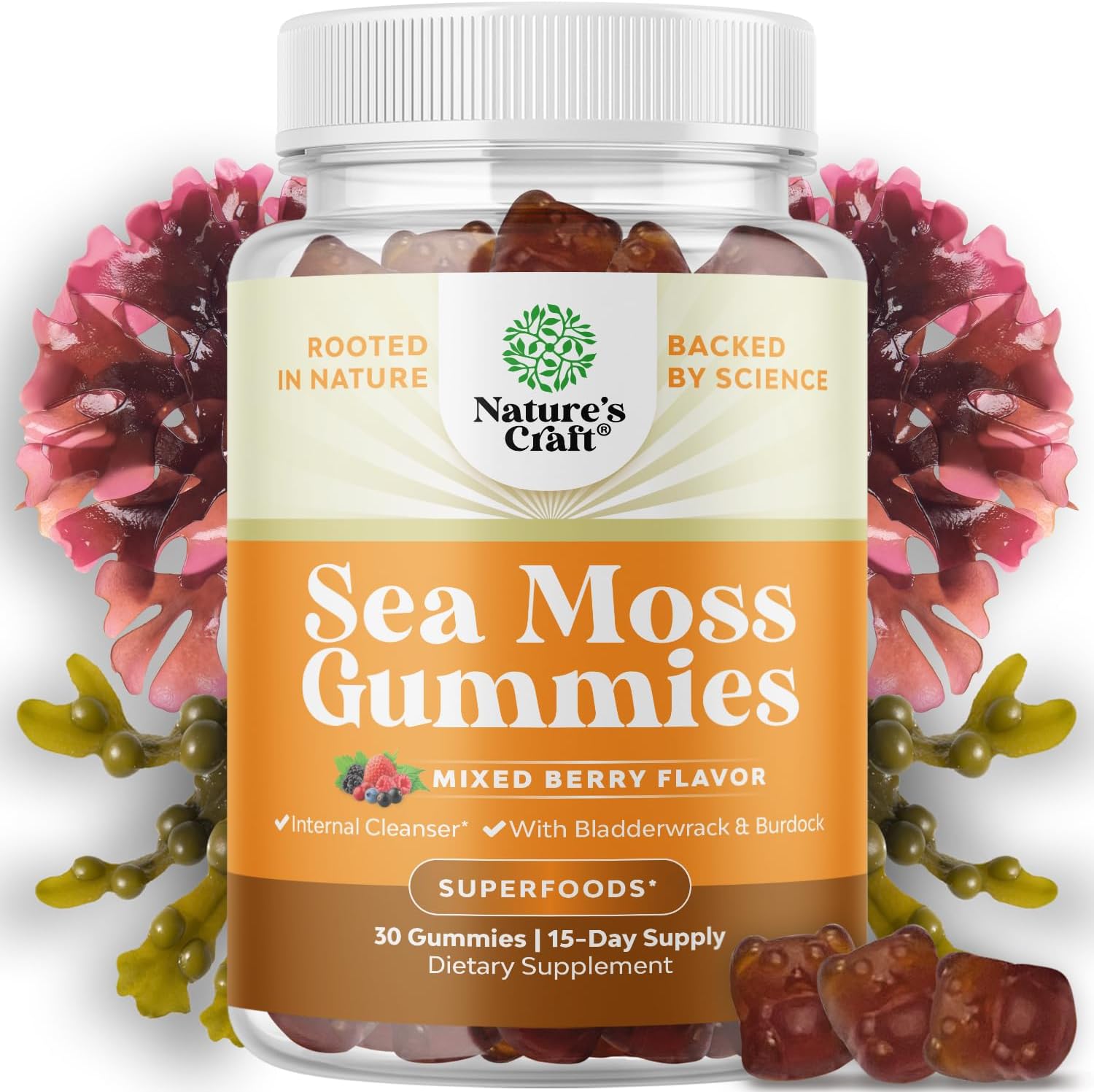 Gominolas de Sea Moss para Adultos y Niños - Veganas, con Burdock y Bladderwrack - Sabor a Bayas - 30 Unidades