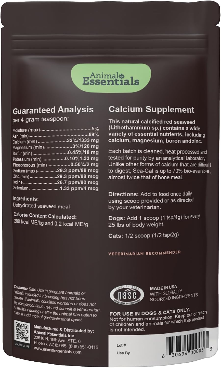 Animal Essentials Sea-Cal - Polvo de Calcio de Algas Marinas Puras para Perros y Gatos - 340 g