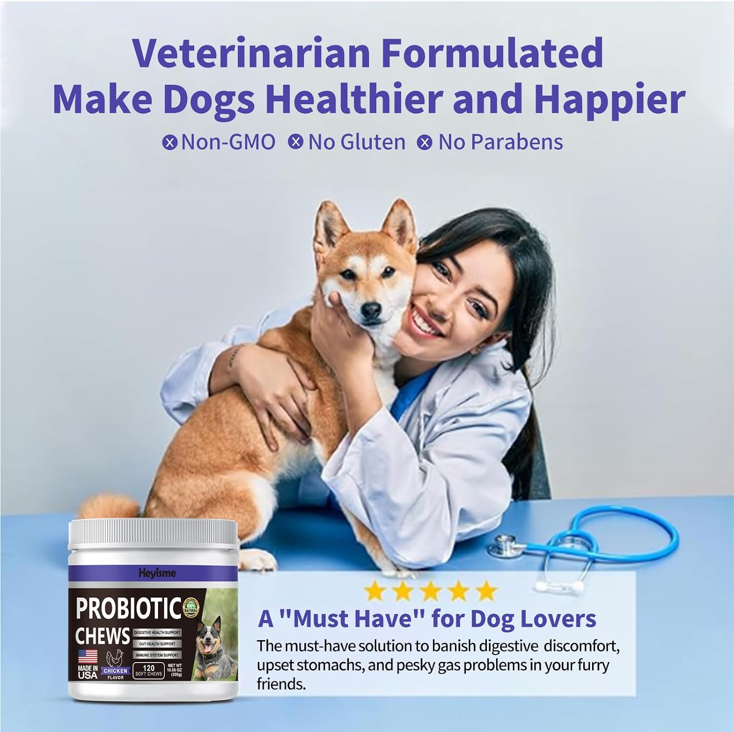 HEYISME Probióticos para Perros - 120 Masticables Sabor Pollo