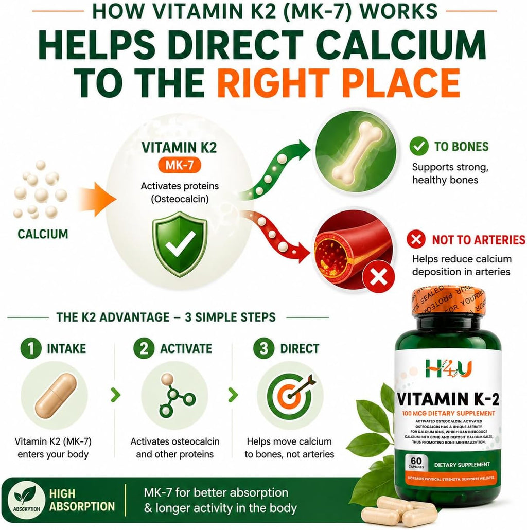 H4U Vitamina K2 MK-7 100 mcg – 60 Cápsulas Veganas | Apoya Huesos y Corazón