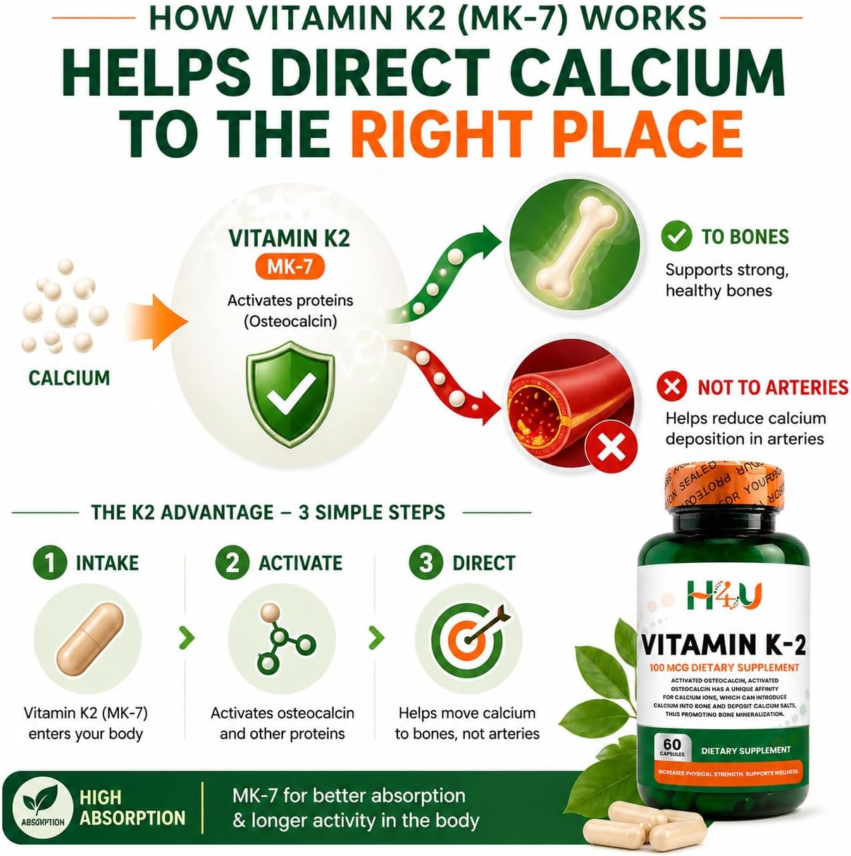 H4U Vitamina K2 MK-7 100 mcg – 60 Cápsulas Veganas | Apoya Huesos y Corazón