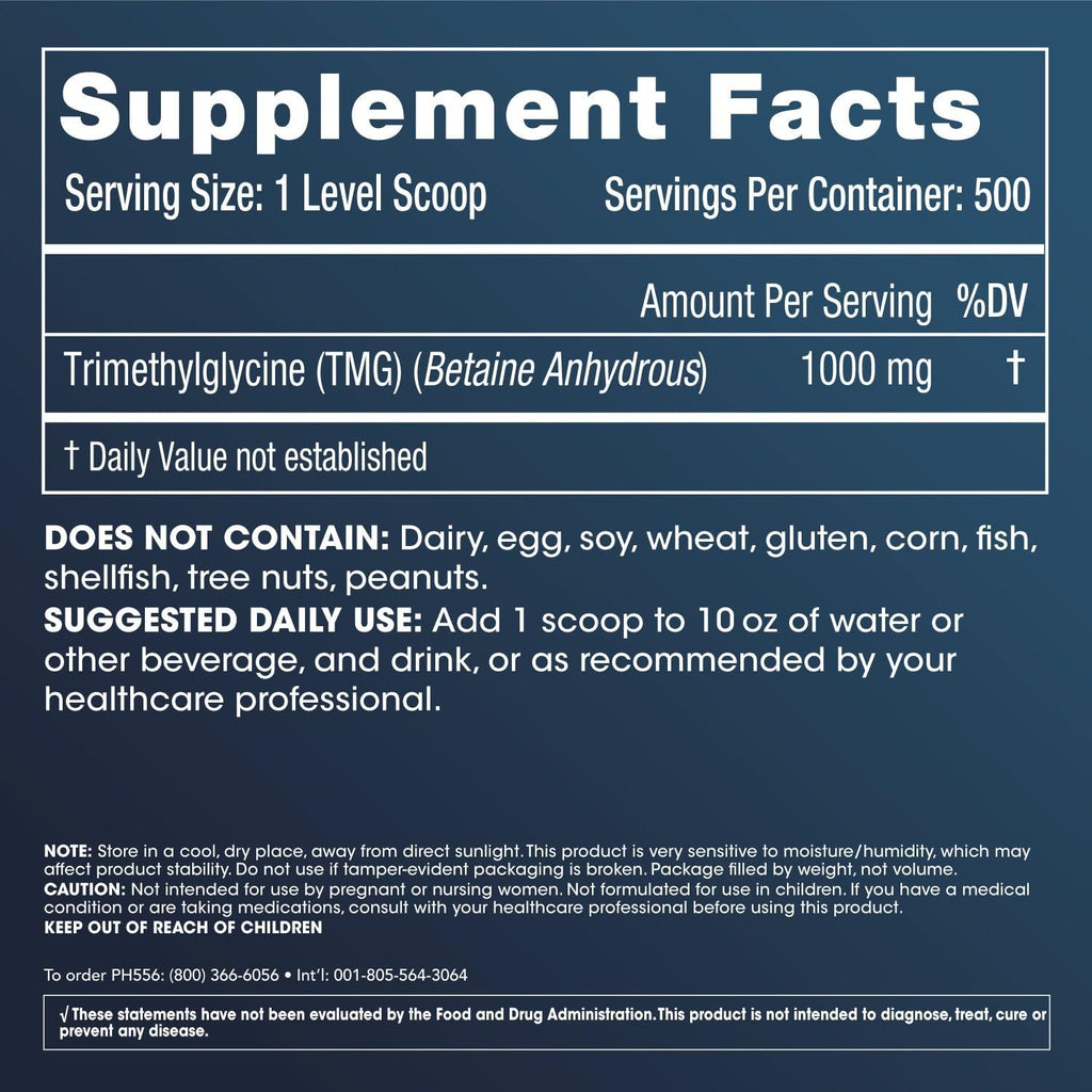 ProHealth Longevity TMG Pro - Polvo a Granel de 1 kg (Trimetilglicina - Betaína Anhidra)