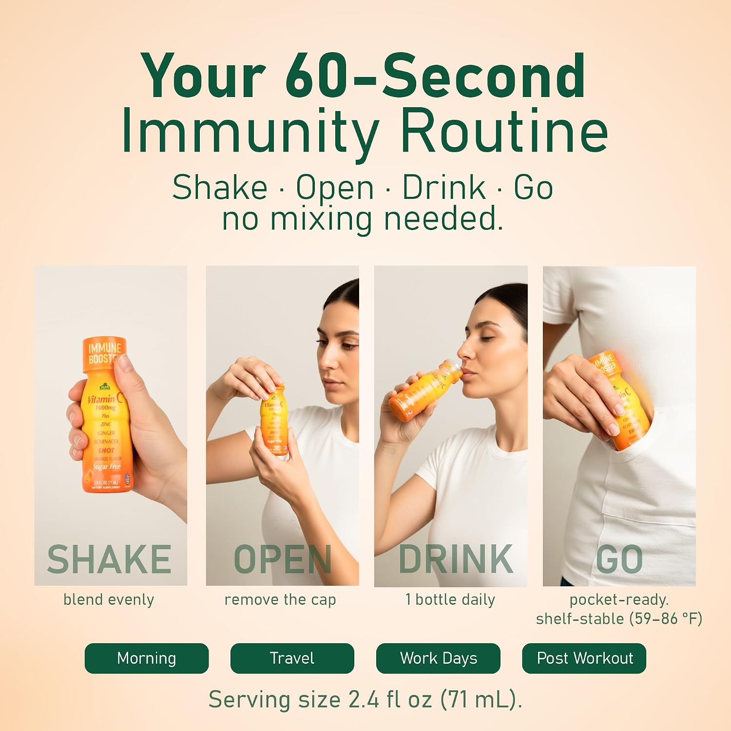 ALFA VITAMINS Shot de Vitamina C 1000mg con Zinc, Jengibre y Equinácea – Sabor Naranja – 20 viales de 72 ml