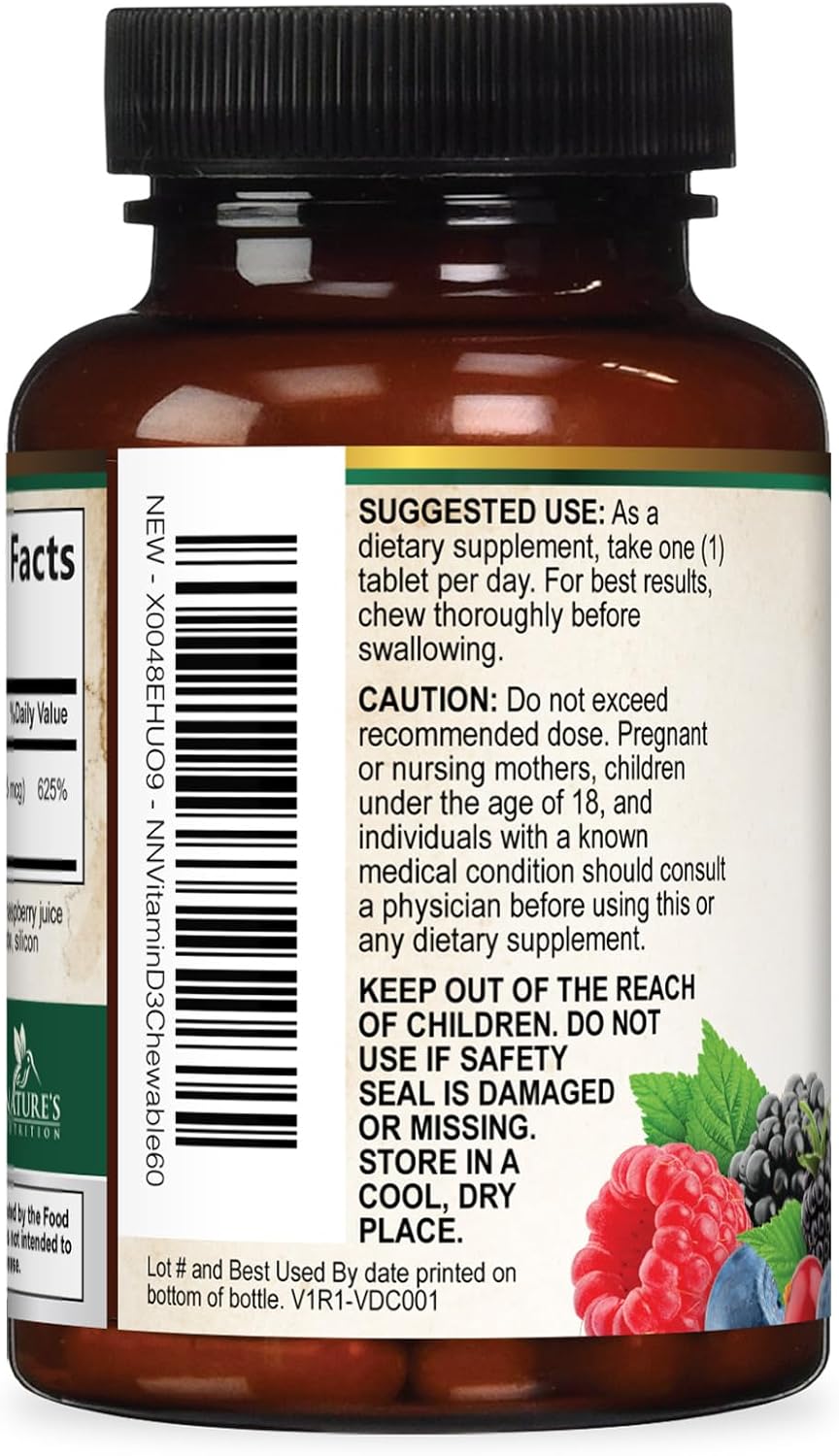 Vitamina D3 5000 UI (125 mcg) por Dosis - Comprimidos Masticables Extra Fuertes sin Azúcar - Apoyo Inmunitario, Huesos, Dientes y Músculos - Sin Gluten - 60 Comprimidos