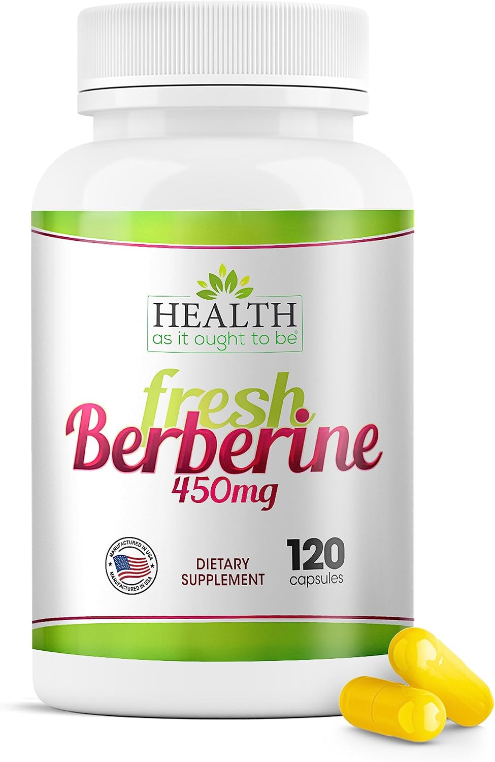 Health As It Ought To Be Berberina Pura 450mg - Suplemento Fresco sin Aditivos - 120 Cápsulas