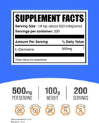 BulkSupplements.com L-Carnosina en Polvo - Suplemento Antioxidante - Sin Gluten, 500 mg por Dosis, 100 g