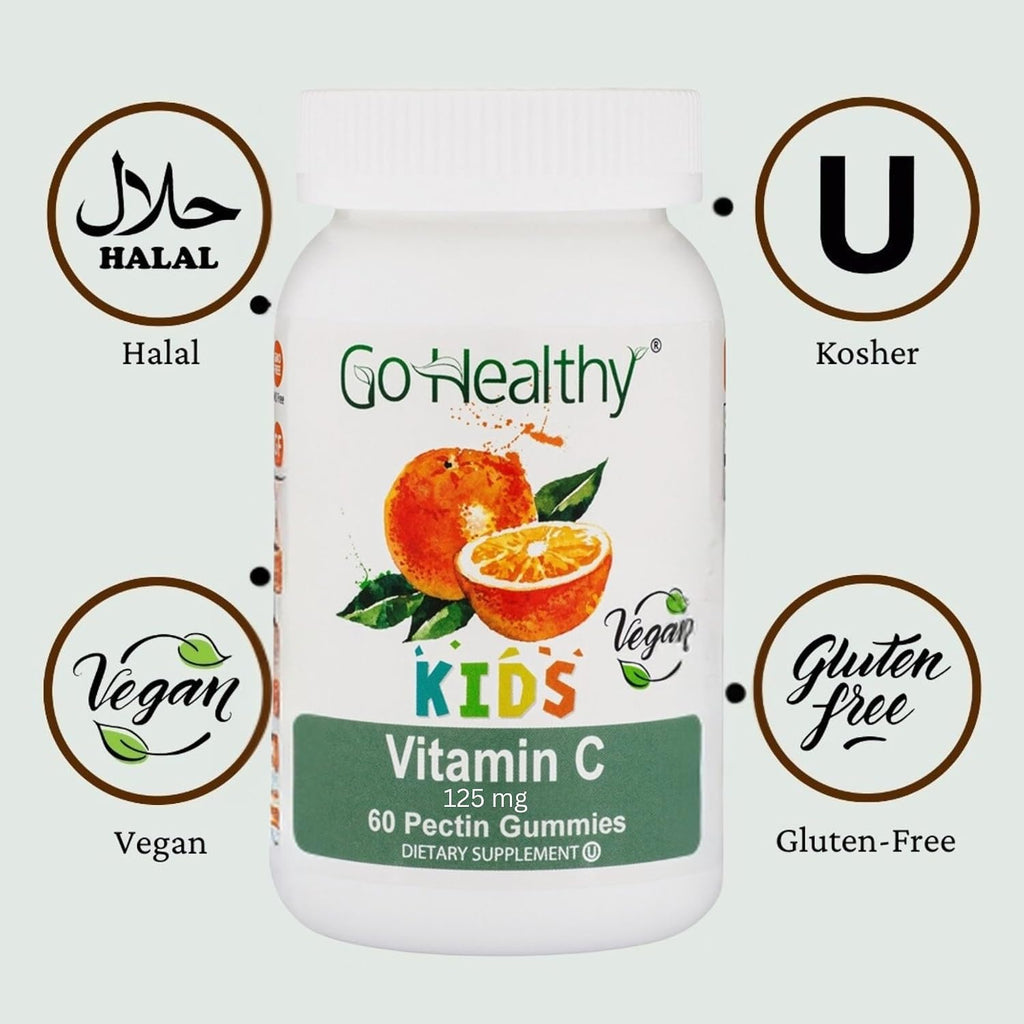 Go Healthy Kids Vitamin C Gummies – Gominolas de Vitamina C para Niños, Sabor Naranja, Veganas, Sin Gelatina, 60 unidades