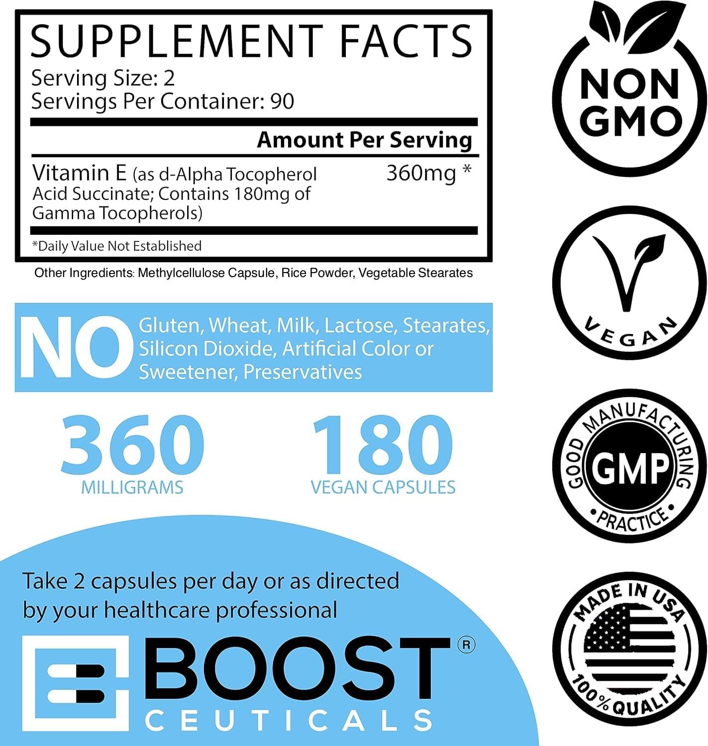 BoostCeuticals Gamma E 90mg Tocoferoles Mixtos - 180 Cápsulas Veganas