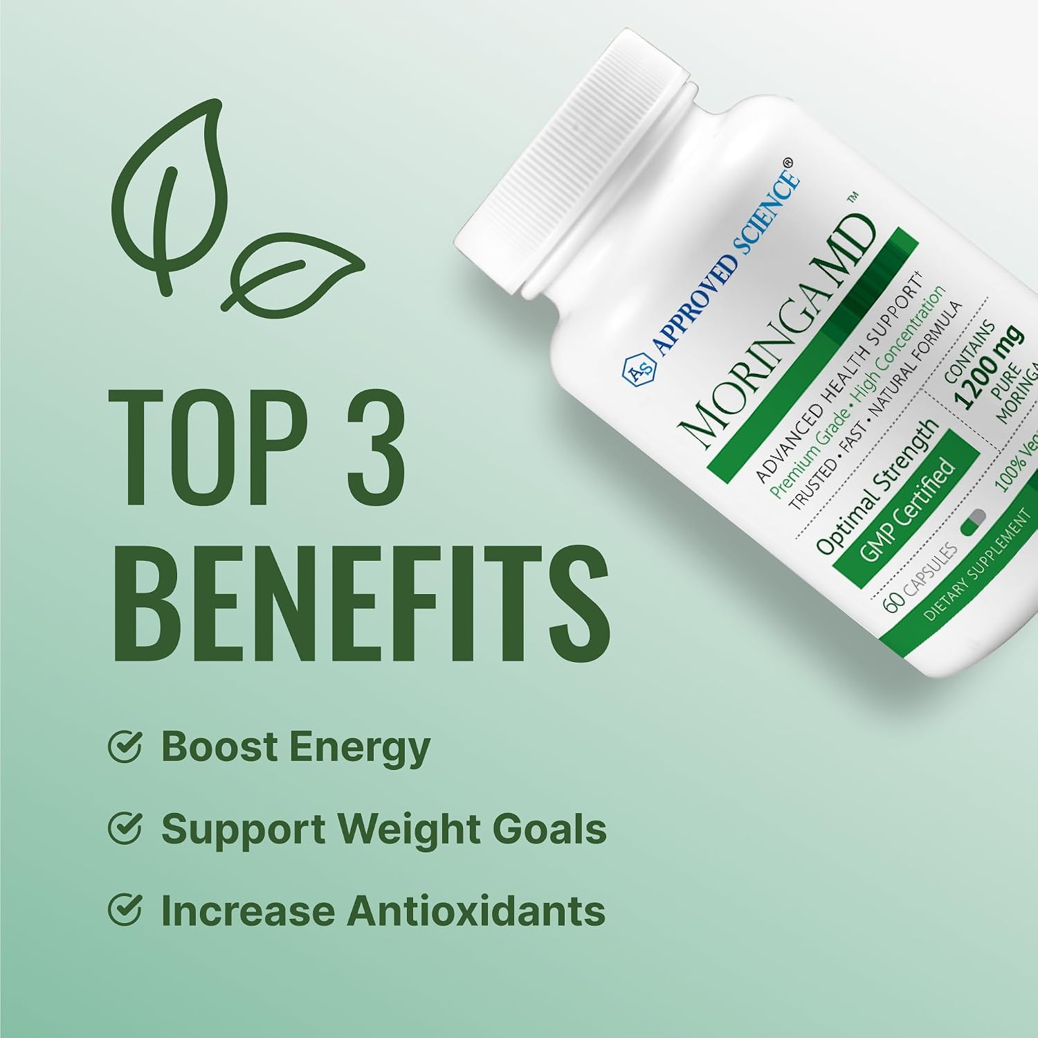 Approved Science MoringaMD - Suplemento de Moringa Oleifera - 1200 mg por dosis, Extracto 4:1 - Cápsulas Veganas - No transgénico - 60 cápsulas - Pack de 3
