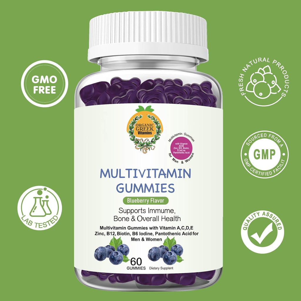 Organic Greek Multivitamin Gummies - 13 Vitaminas y Minerales - Sabor Arándano