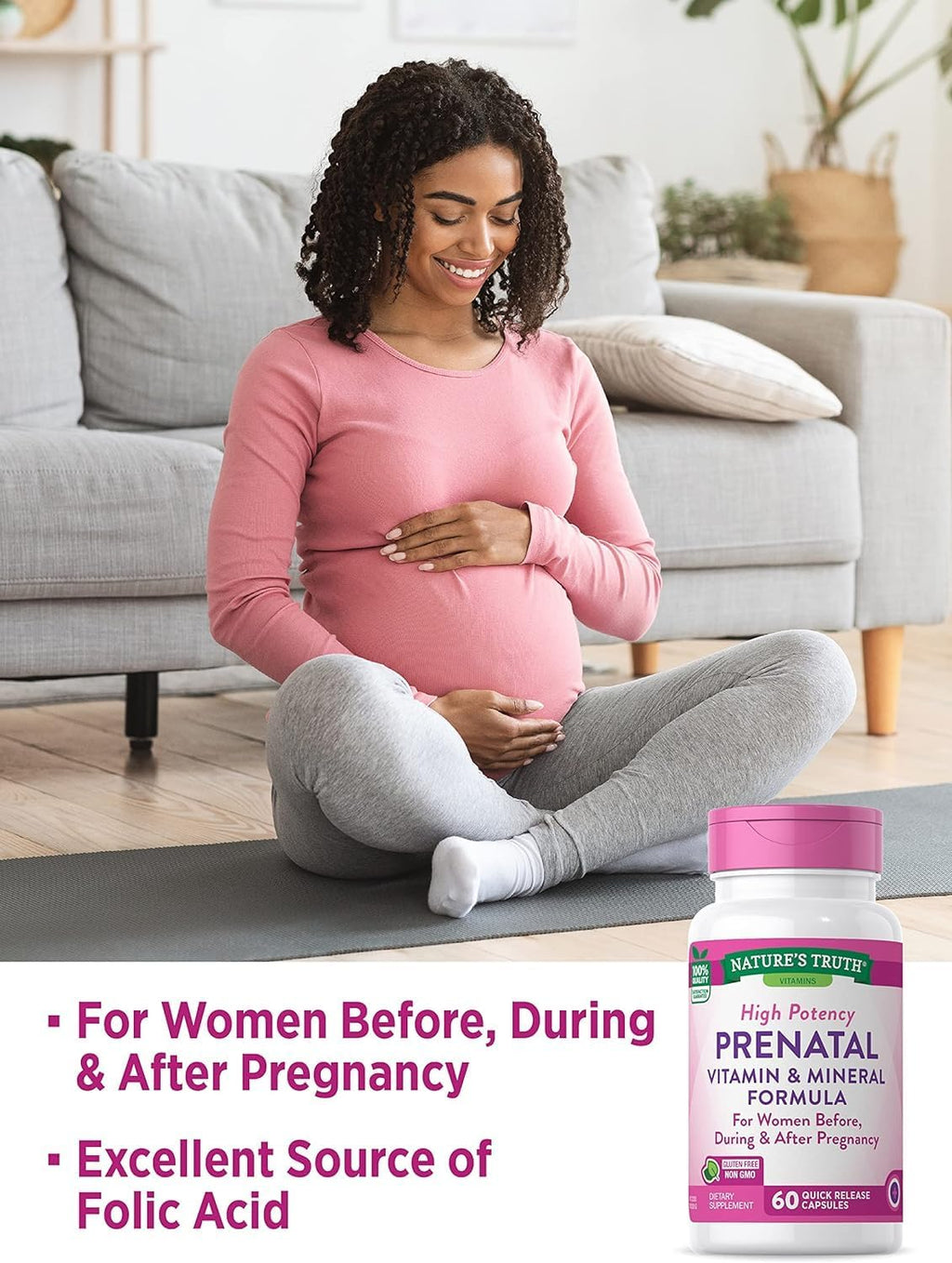 Vitaminas Prenatales con Ácido Fólico | 60 Cápsulas | Sin Gluten y No-GMO | Nature's Truth | Pack de 2