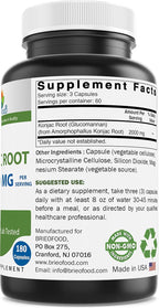 Brieofood Glucomannan de Raíz de Konjac 2000 mg por Dosis - 180 Cápsulas Vegetarianas