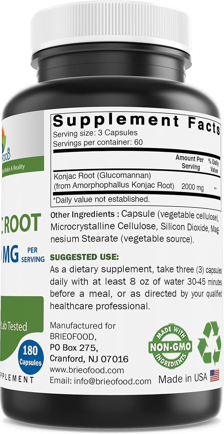Brieofood Glucomannan de Raíz de Konjac 2000 mg por Dosis - 180 Cápsulas Vegetarianas