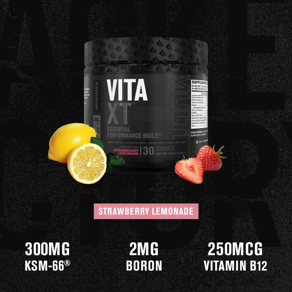 Jacked Factory Vita XT Performance Vitamin Powder - Multivitamínico en polvo para hombres con KSM-66 Ashwagandha, fibra prebiótica, vitaminas A, C, D, K, B6, B12 y más - Sabor limonada de fresa, 30 dosis