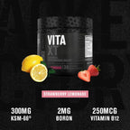 Jacked Factory Vita XT Performance Vitamin Powder - Multivitamínico en polvo para hombres con KSM-66 Ashwagandha, fibra prebiótica, vitaminas A, C, D, K, B6, B12 y más - Sabor limonada de fresa, 30 dosis