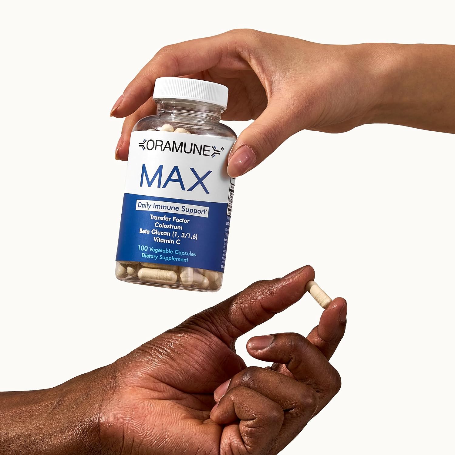 Oramune Max Support – Suplemento Inmunitario con Transfer Factor, Calostro Bovino, Beta-Glucano y Vitamina C – 100 Cápsulas
