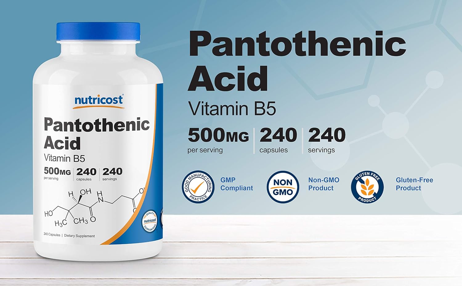 Nutricost Ácido Pantoténico (Vitamina B5) 500 mg, 240 Cápsulas (Envase de 2)