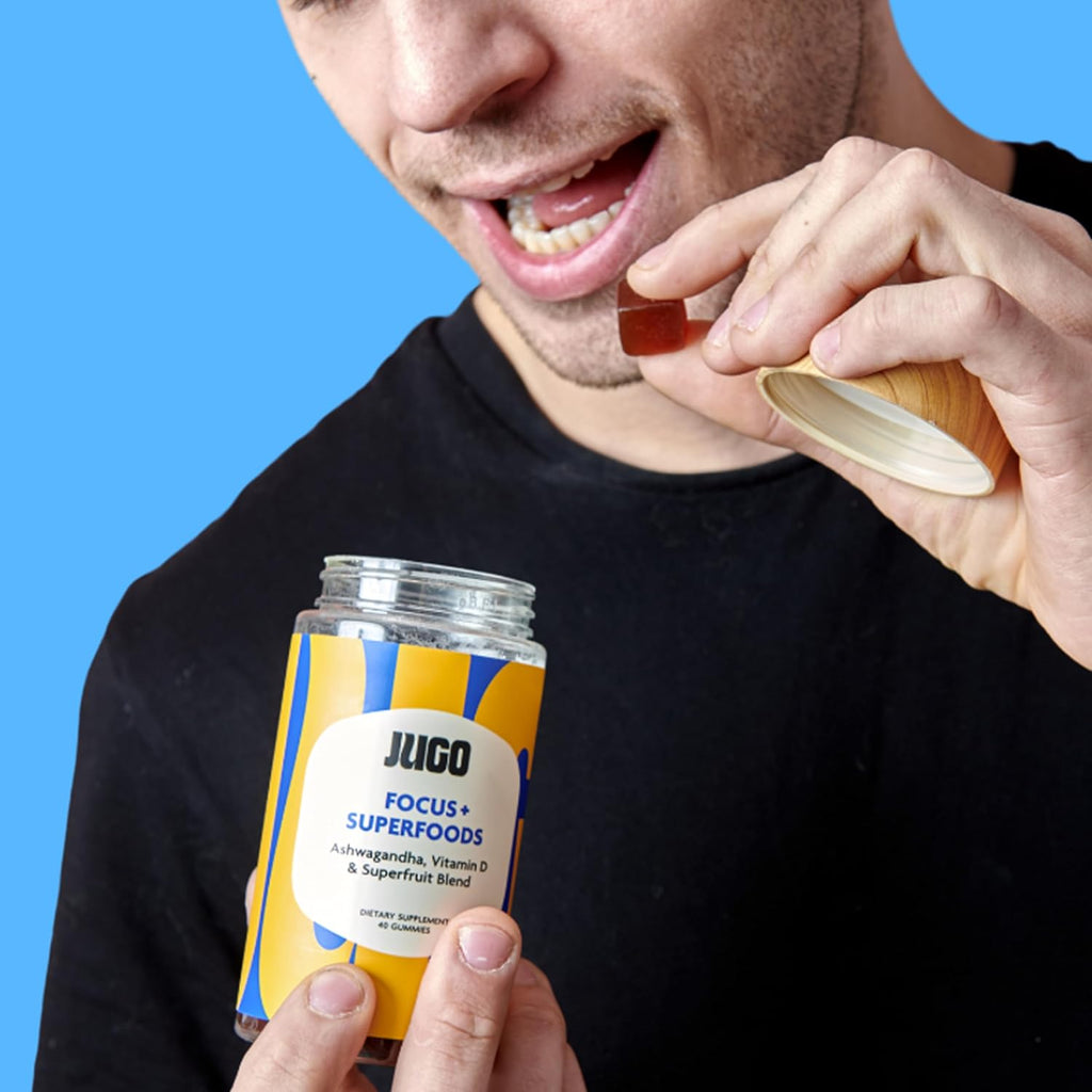 JUGO Focus + Superfoods Gominolas de Ashwagandha con Vitamina D3 y Mezcla de Superfrutas