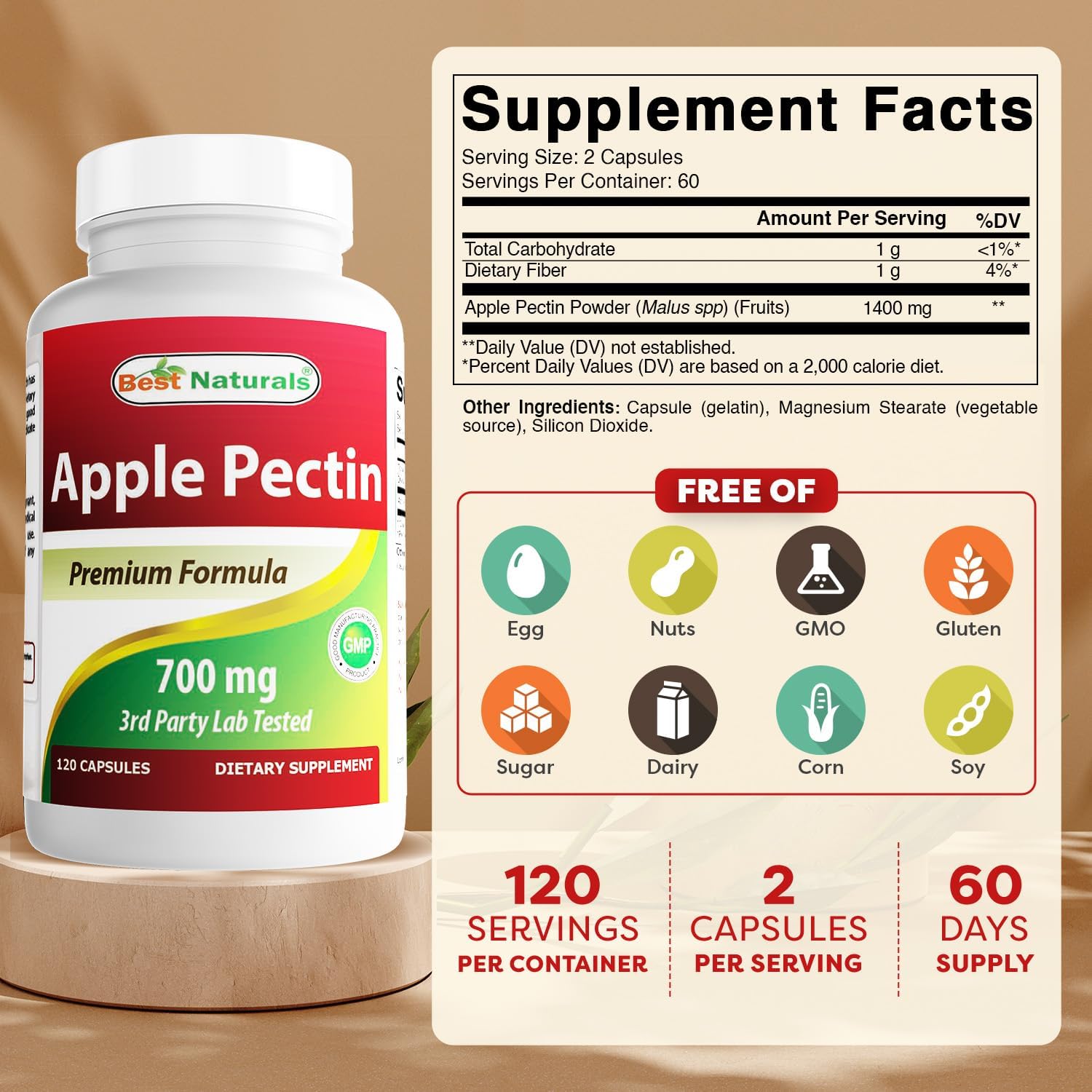 Best Naturals Pectina de Manzana 700 mg, 120 Cápsulas