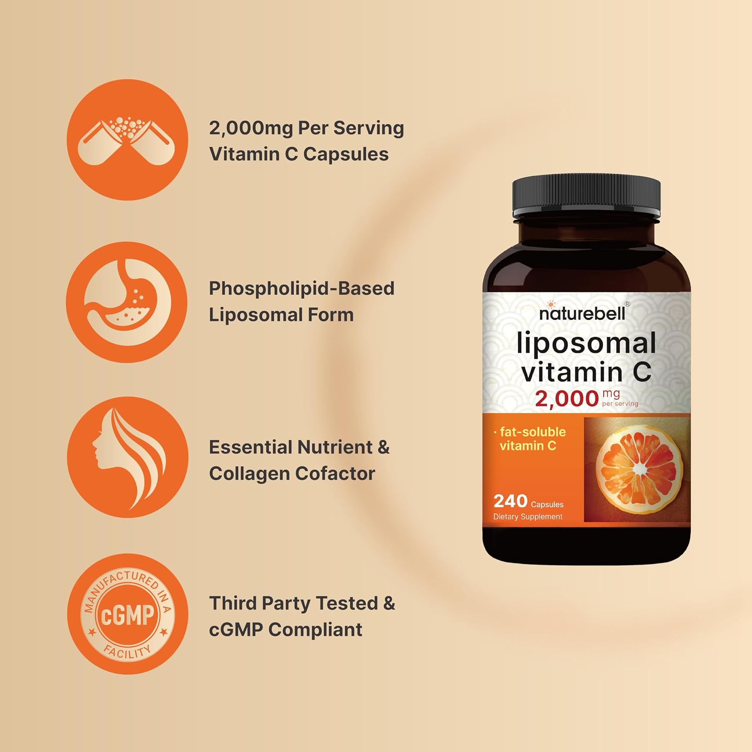 NatureBell Liposomal Vitamin C 2,000mg Per Serving, 240 Cápsulas - Suplemento Diario de Vitamina C Liposomal