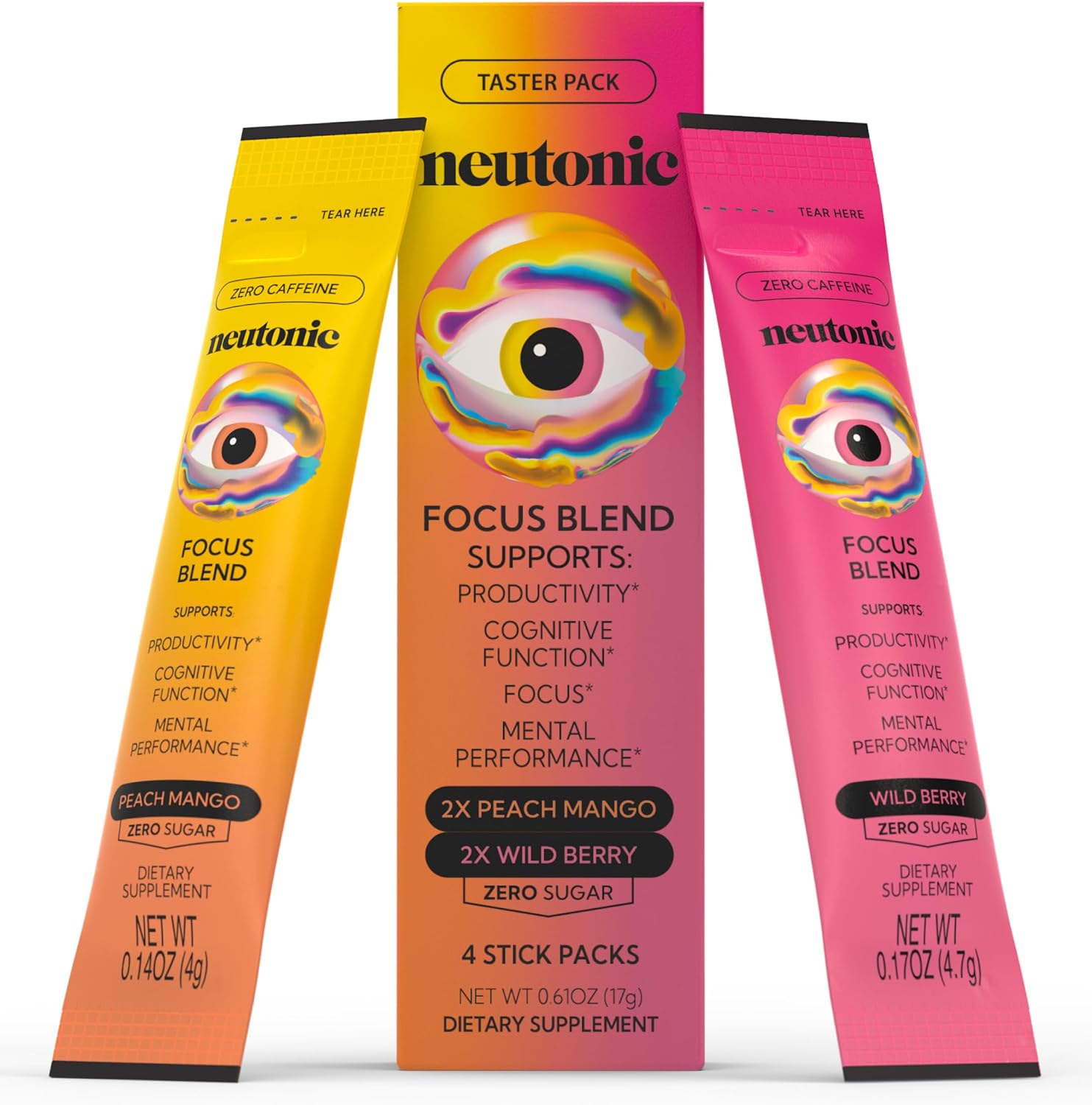 Neutonic Nootropic Focus Blend Powder - Peach Mango & Wild Berry (4 Sticks) | Sin Cafeína, Cero Azúcar