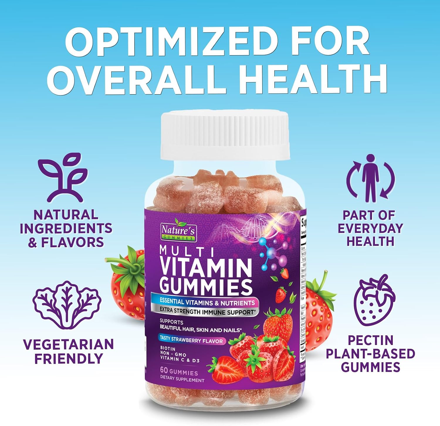 Multivitamin Gummies para Adultos - Multivitamínico Completo en Gominolas para Mujeres y Hombres - Vitaminas A, C, D, E, B12 y Zinc - 60 Gominolas Vegetarianas
