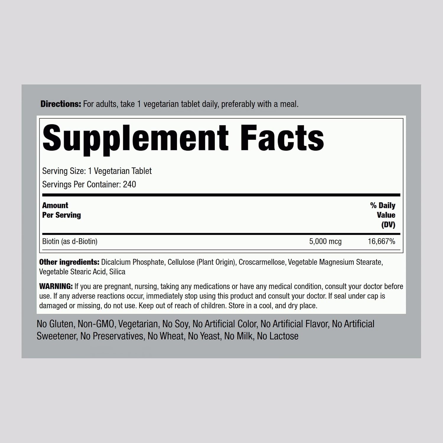 Piping Rock Biotina 5000mcg | 240 Comprimidos | Suplemento de Vitamina B7 | Vegetariano, Sin Gluten, No-GMO