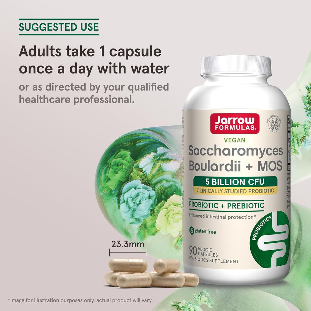 Jarrow Formulas Saccharomyces Boulardii + MOS - 5 Mil Millones de Organismos Viables - 90 Cápsulas Veganas de Liberación Retardada (2 Envases)