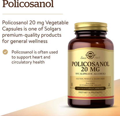 Solgar Policosanol 20 mg, 100 Cápsulas – Sin gluten, trigo, lácteos, soja, levadura, azúcar ni sodio – Image 3