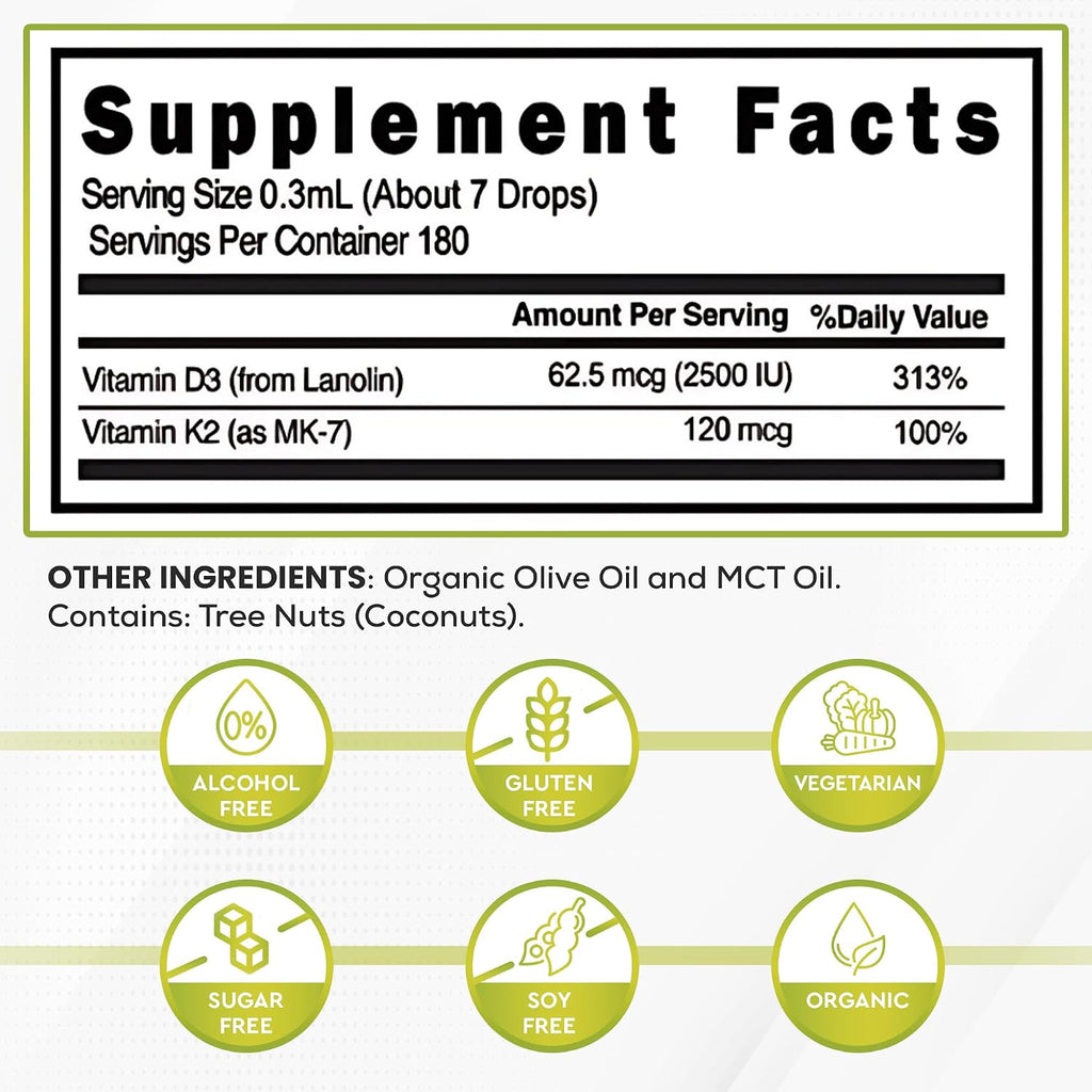 Vitamina D3 + K2 (MK-7) en Gotas Líquidas con Aceite MCT y Aceite de Oliva - Vegetariano, No-GMO, Sin Soja, Sin Gluten, Sin Alcohol, 1 Frasco, 60 ml - 180 Dosis (2500 UI por Dosis)
