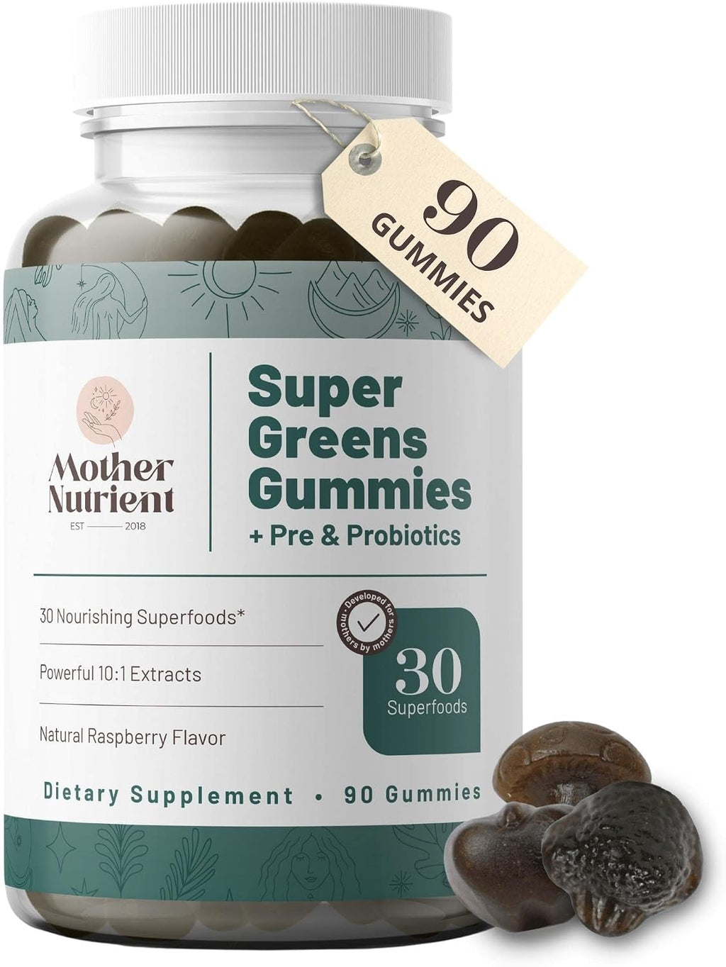 Mother Nutrient Super Greens Gummies - Multivitamínico con 30 Superfoods, Prebióticos y Probióticos (90 Gominolas)