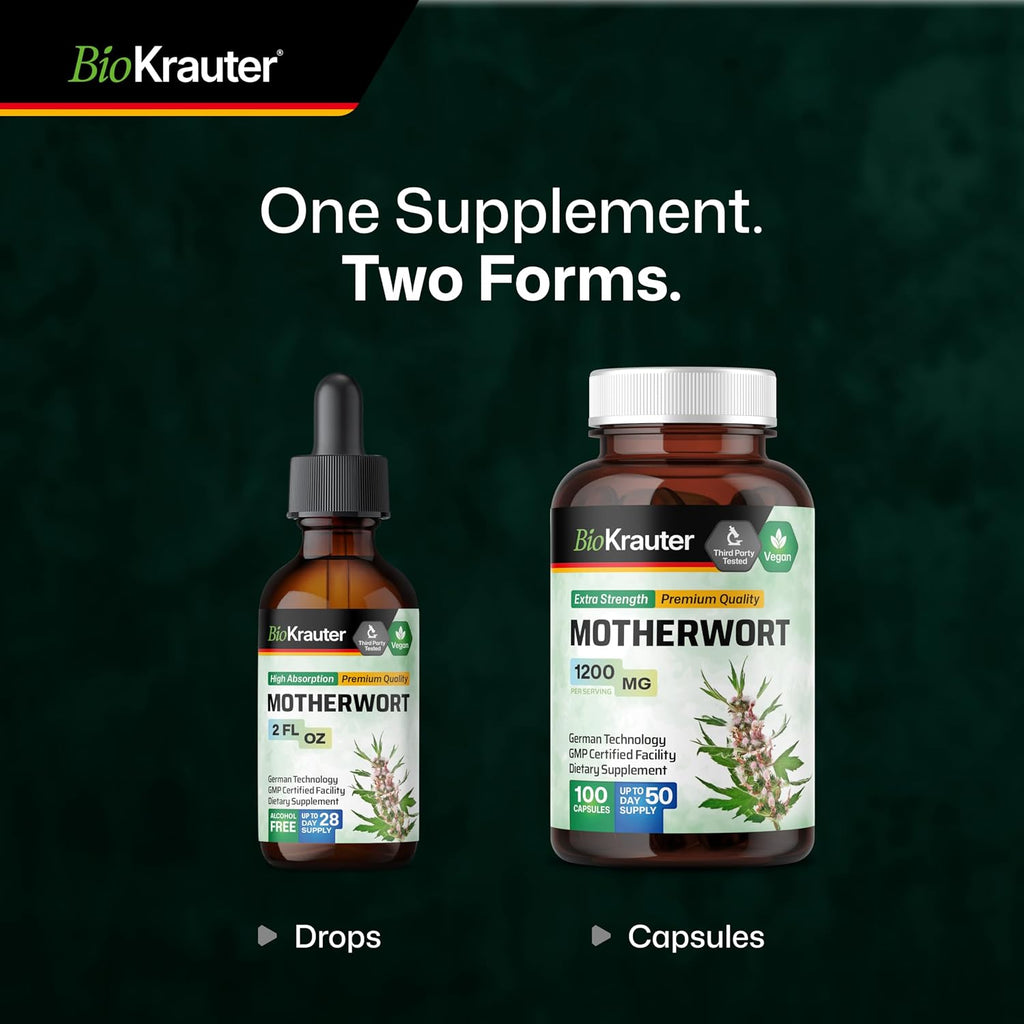 BIO KRAUTER® Tintura de Motherwort - Suplemento Vegano para la Menopausia y Perimenopausia - 2 Fl Oz (59 ml) - 28 Días de Suministro