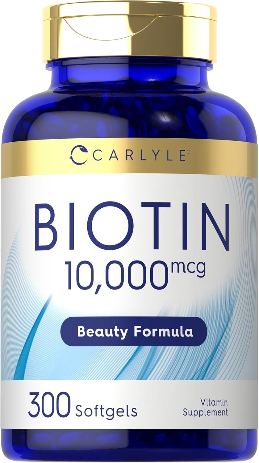 Carlyle Biotina 10000mcg | 300 Cápsulas Blandas | Alta Concentración para Cabello, Piel y Uñas | Sin Gluten, No GMO