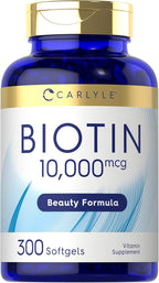 Carlyle Biotina 10000mcg | 300 Cápsulas Blandas | Alta Concentración para Cabello, Piel y Uñas | Sin Gluten, No GMO