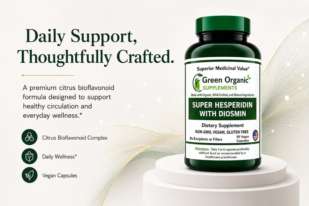 Green Organic Supplements Super Hesperidin con Diosmin y Naringin, Hecho a Mano, Sin OGM, Vegano y Sin Gluten