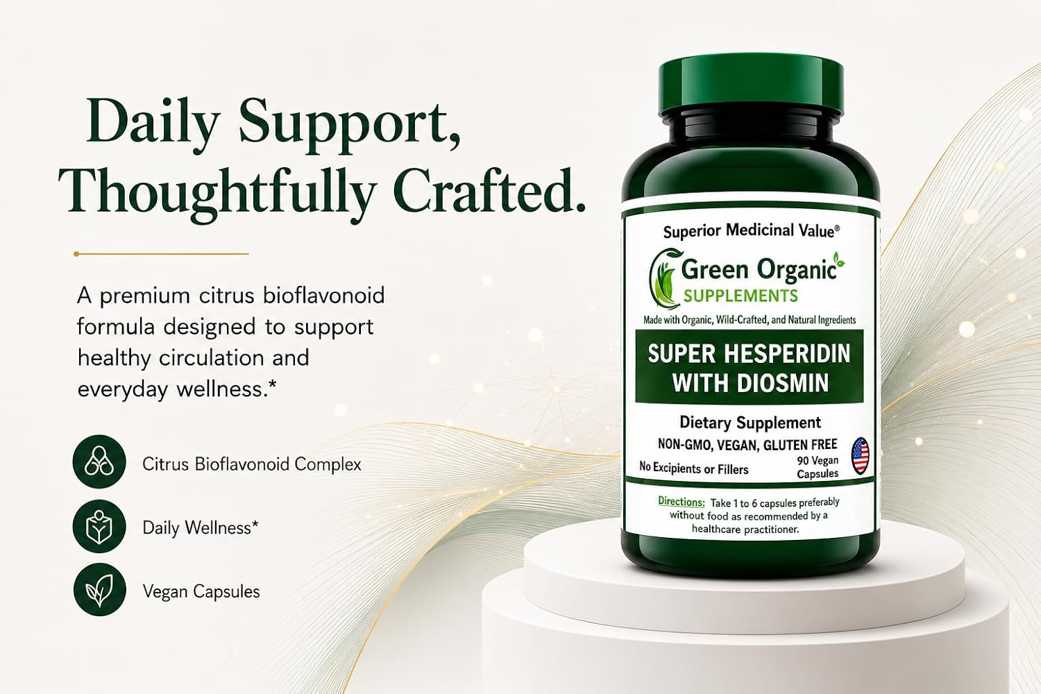 Green Organic Supplements Super Hesperidin con Diosmin y Naringin, Hecho a Mano, Sin OGM, Vegano y Sin Gluten