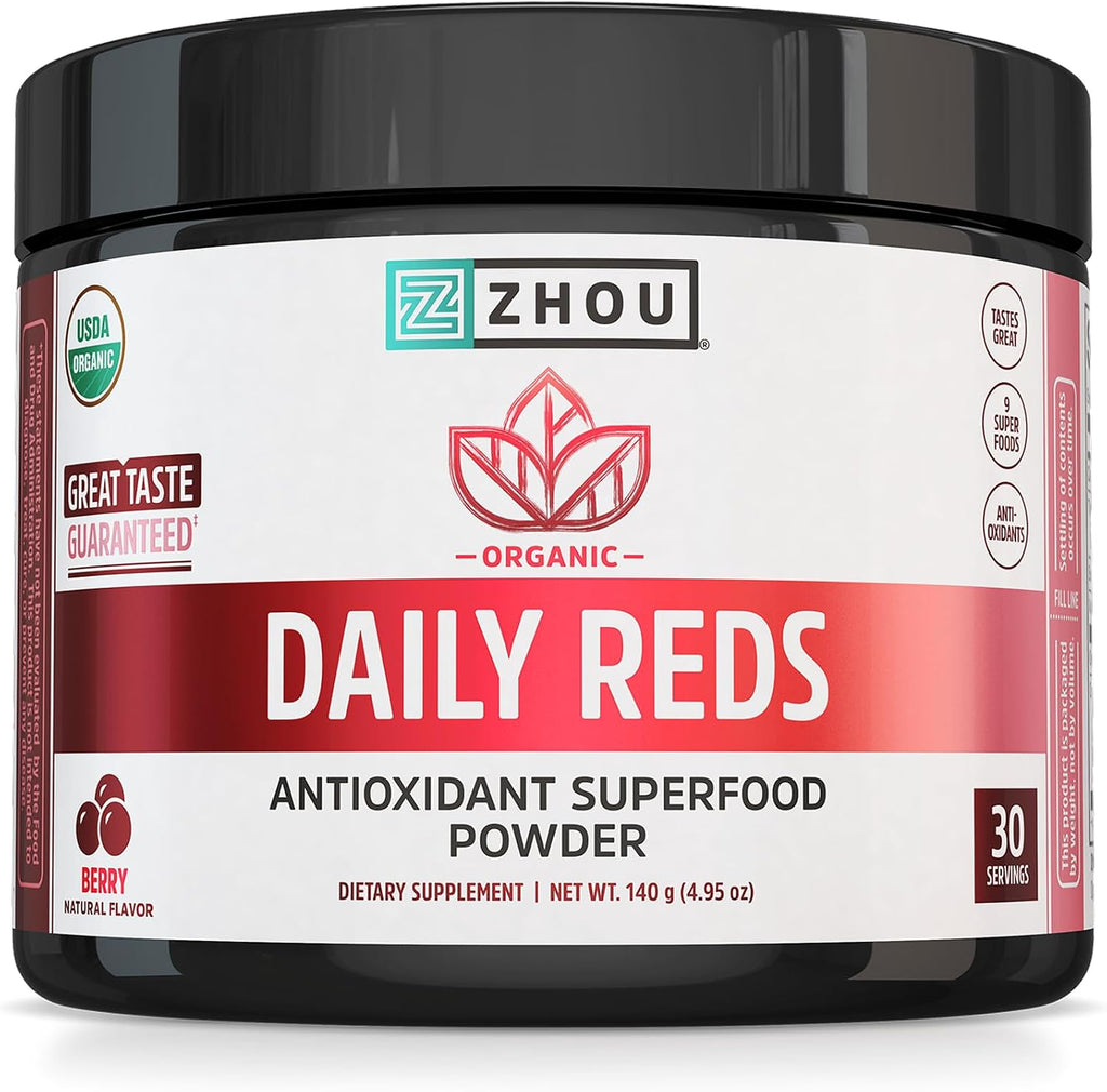 Zhou Organic Reds Powder - Polvo de superalimentos rojos con remolacha, bayas de goji, cereza ácida y arándano, apoyo antioxidante para la salud integral - Sabor natural a bayas, 4.95 oz (30 porciones)