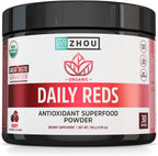 Zhou Organic Reds Powder - Polvo de superalimentos rojos con remolacha, bayas de goji, cereza ácida y arándano, apoyo antioxidante para la salud integral - Sabor natural a bayas, 4.95 oz (30 porciones)