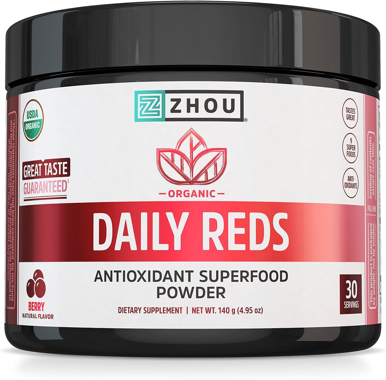 Zhou Organic Reds Powder - Polvo de superalimentos rojos con remolacha, bayas de goji, cereza ácida y arándano, apoyo antioxidante para la salud integral - Sabor natural a bayas, 4.95 oz (30 porciones)