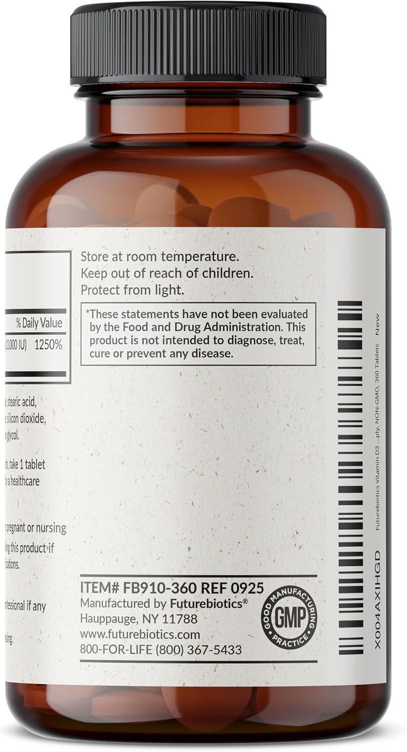 Futurebiotics Vitamina D3 10.000 IU (250 mcg) – 360 Comprimidos para Músculos y Sistema Inmunitario