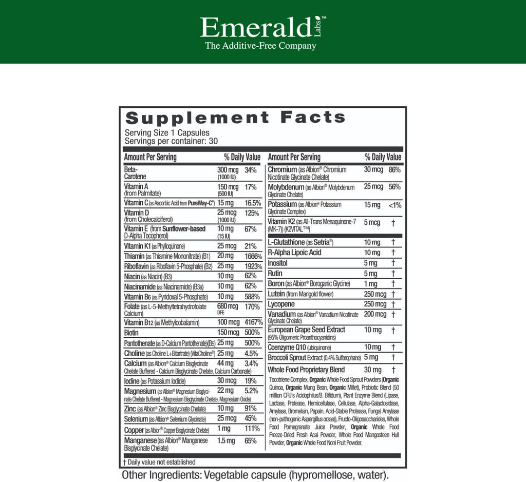 EMERALD LABS Women's 45+ 1-Daily Multi - Multivitamínico Completo para Apoyo Óseo y Cardíaco* - Para Mujeres Mayores de 45 - Sin Gluten y Vegetariano - 30 Cápsulas Vegetales