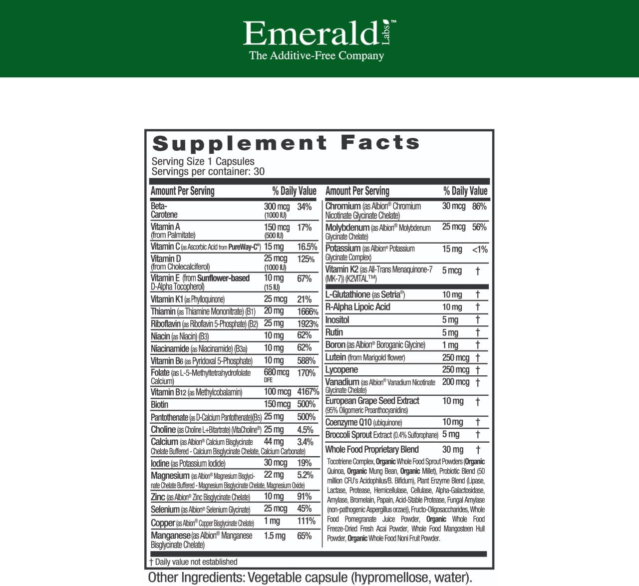 EMERALD LABS Women's 45+ 1-Daily Multi - Multivitamínico Completo para Apoyo Óseo y Cardíaco* - Para Mujeres Mayores de 45 - Sin Gluten y Vegetariano - 30 Cápsulas Vegetales