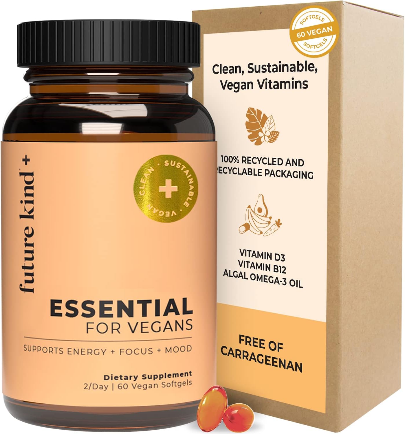 Future Kind Multivitamínico Diario 3 en 1 - Vegano con B12, D3 y Omega-3 - 60 Cápsulas Blandas