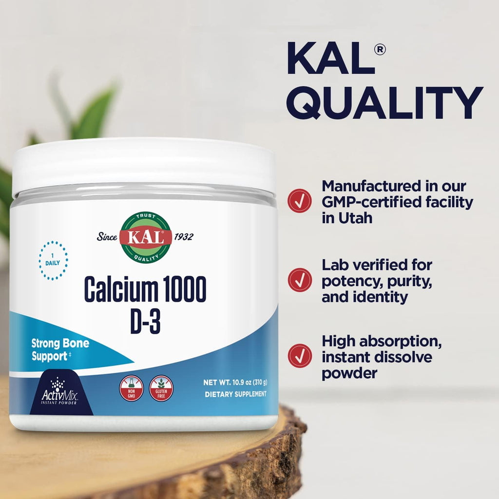 KAL Calcio Vitamina D-3 ActivMix, Polvo de Calcio, Lactato y Gluconato de Calcio Biodisponible, Sin Sabor, Sin Gluten, 31 Dosis, 10.9 oz